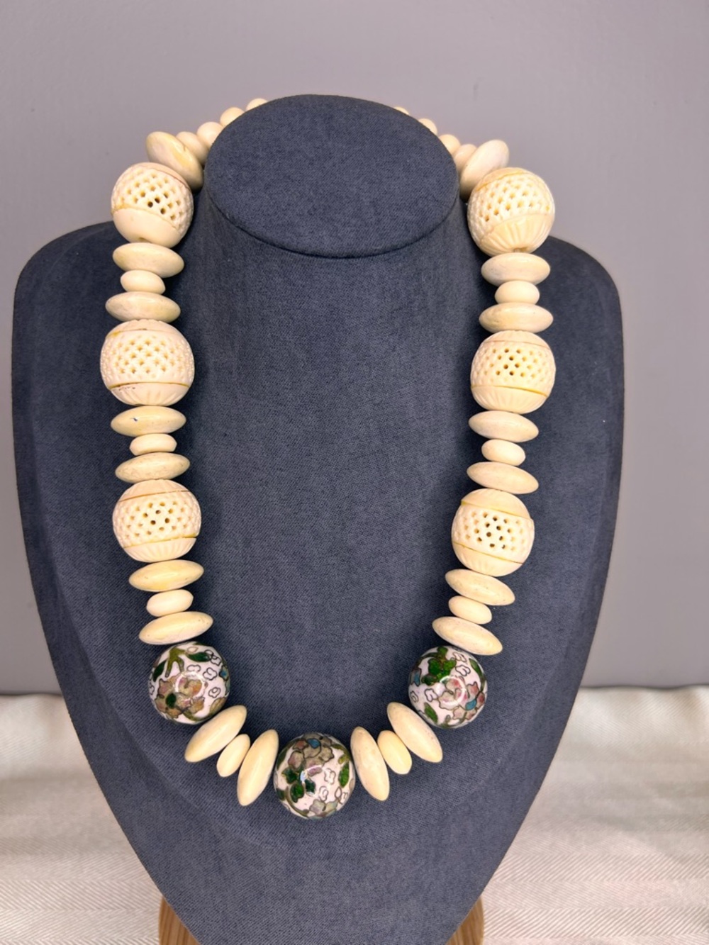 Vintage Carved Bone and Cloisonné Ceramic Beads Chunky Statement Necklace